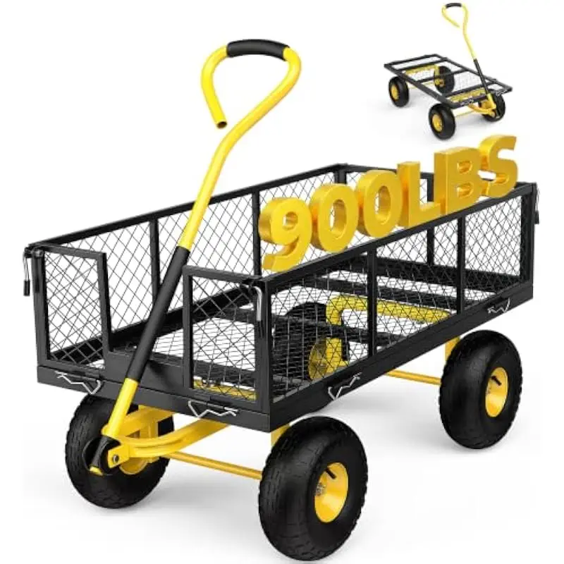 Heavy duty steel utility wagon with 900 lb capacity, 38.19 x 20.28 x 39.37 inch frame, removable mesh sides for flatbed conversi