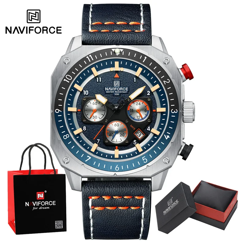 NAVIFORCE Men's Fashion Watch Square Dial Leather Strap Waterproof Quartz Chronograph Wristwatches Clock in Luxury Package Gifts