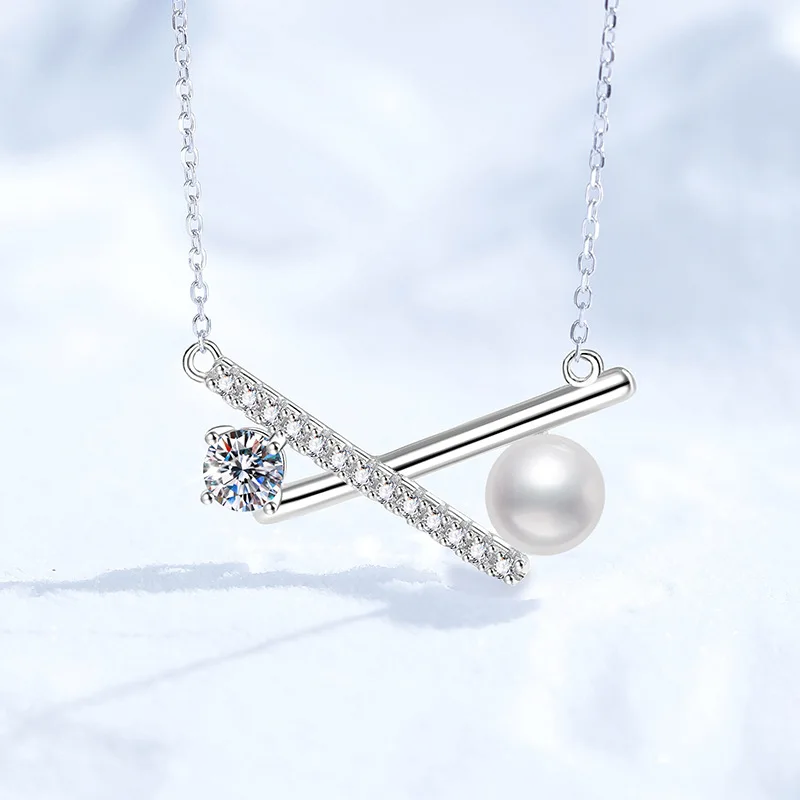 

European and American Moissanite Necklace with Freshwater Pearl Cross Bow Pendant Platinum PT95018k Gold Premium Necklace