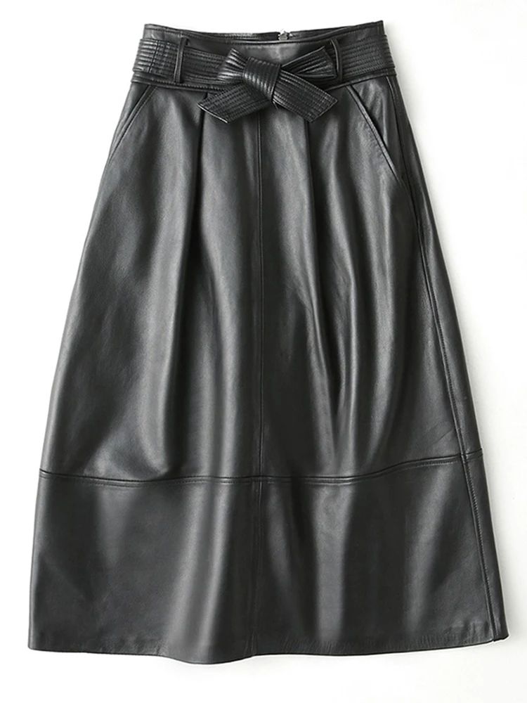 Fashion Premium Genuine Leather Half Skirt Spring Long Luxury Clothes for Women with Sashes High Waist High Black Skirt