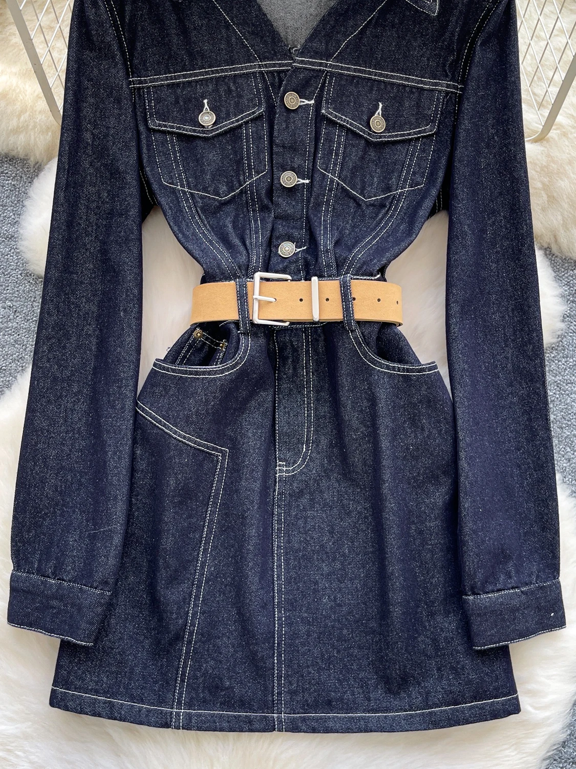 

Корейский Sle Casual Long Sve Denim Dr, женский осенний новый высококачественный металлический корпус с завязкой на талии ort Dr