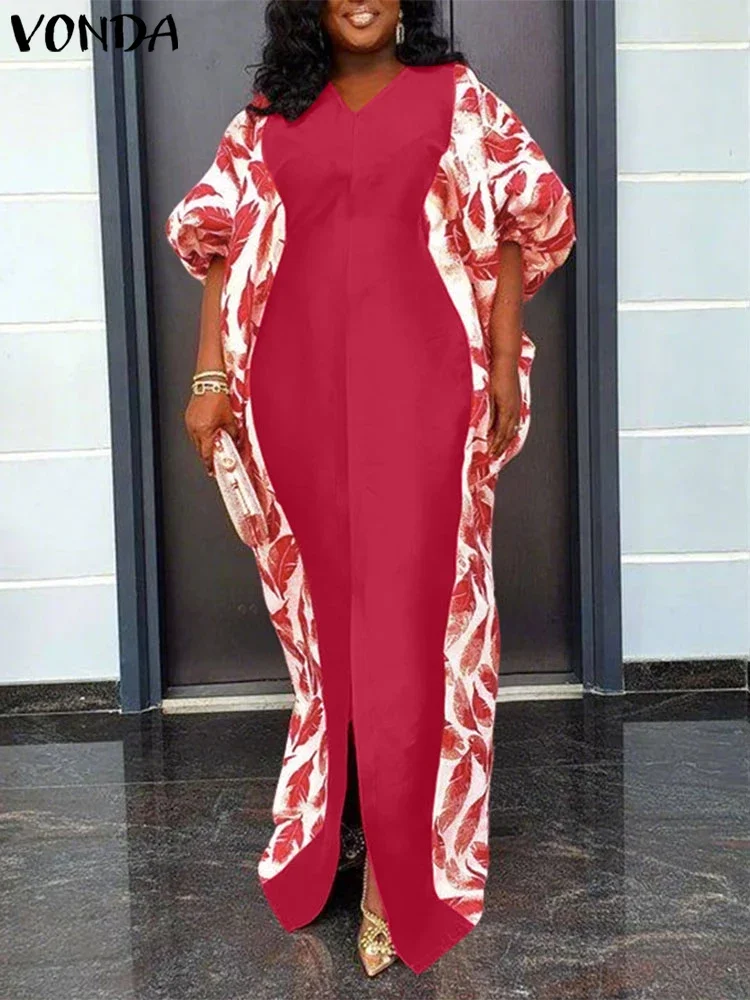 

2025 Autumn Dresses Women Printed Sundress Vintgae Party Long Vestidos Casual Loose 3/4 Bat-wing Sleeve Robe VONDA Plus Size 5XL