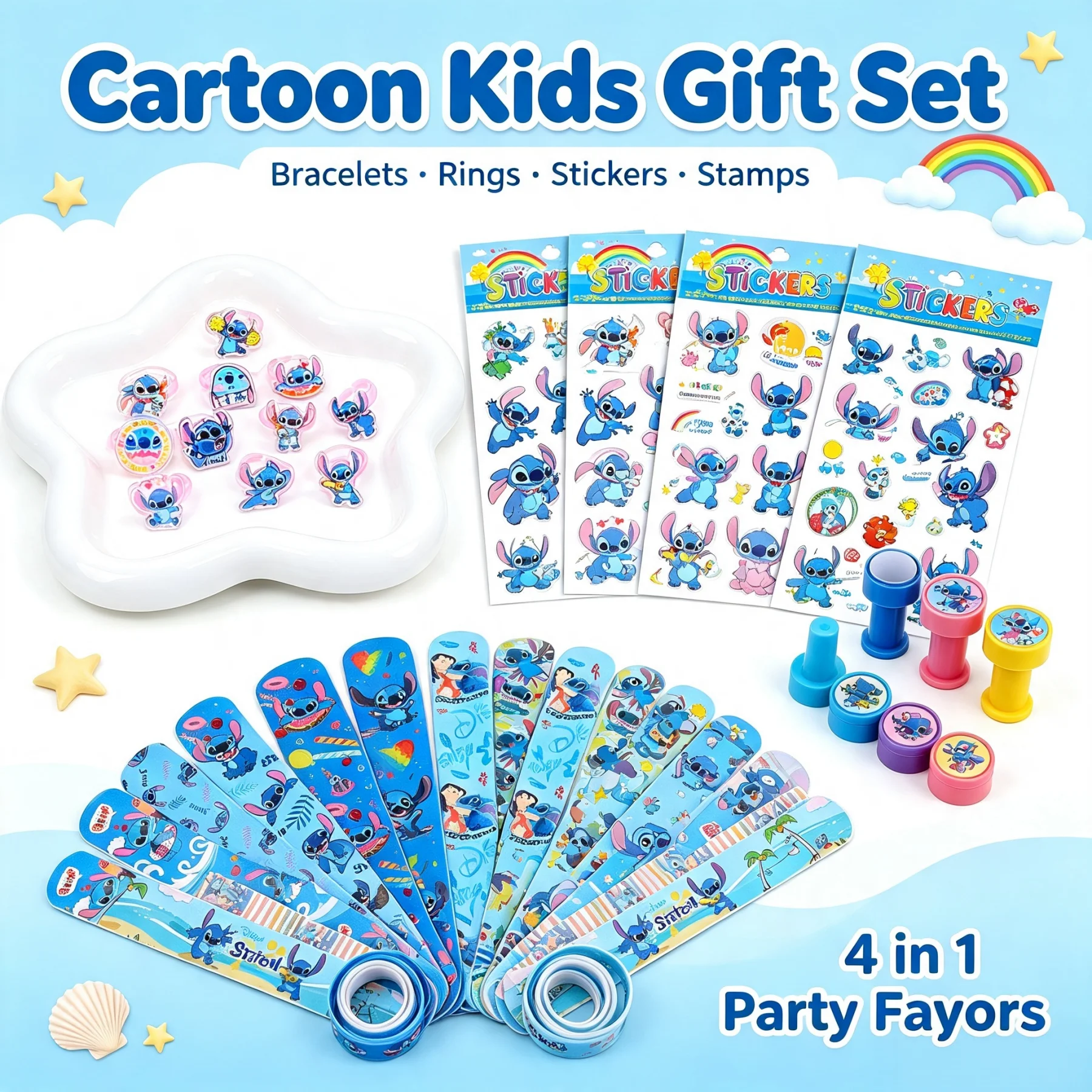 52TOYS Artículos para Fiestas de Cumpleaños Infantiles: Anillos, Pegatinas, Sellos y Pulseras de Stitch para Bolsas de Regalos y Premios Escolares