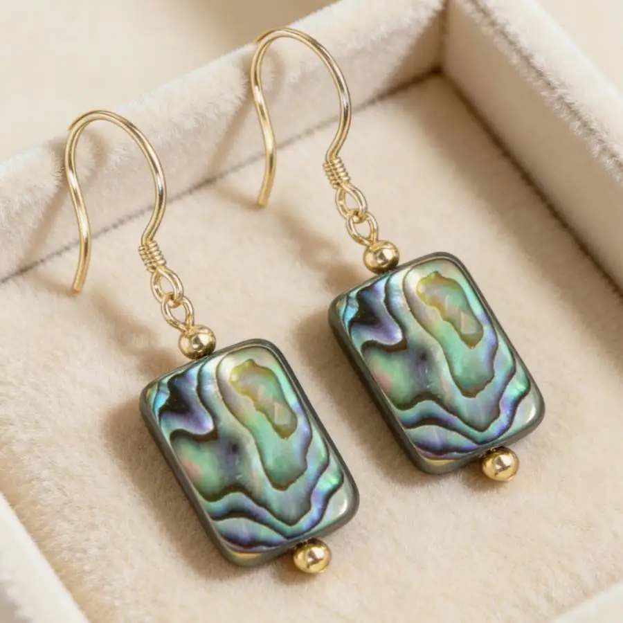 Vintage Rectangle Abalone Shell Dangle Earrings Gold Hook Natural Paua Shell Drop Earrings Boho Iridescent Women