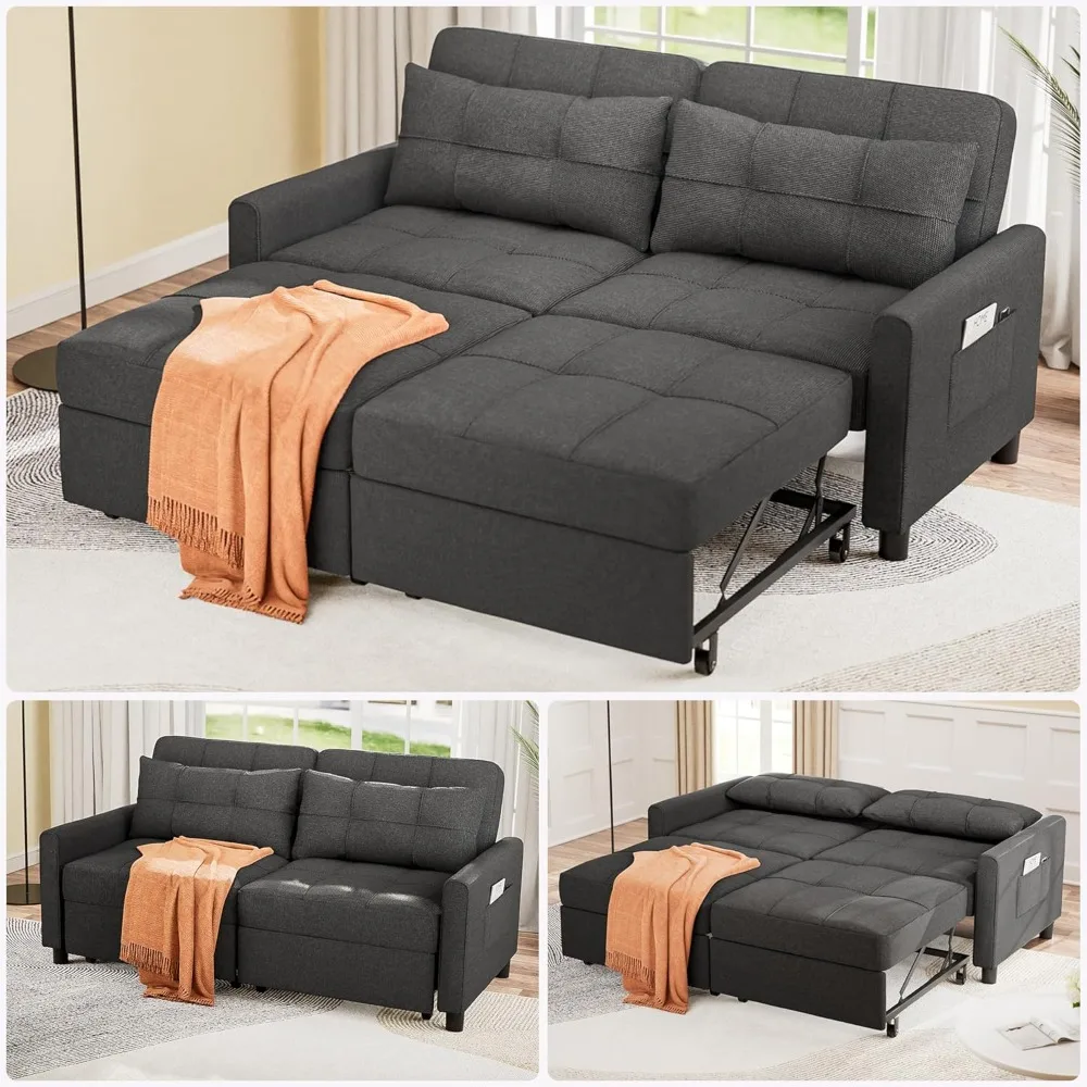 

58" Sleeper Sofa Bed, Pull-Out Couch with Adjustable Backrest and Side Pocket for Living Room (Dark Gray)