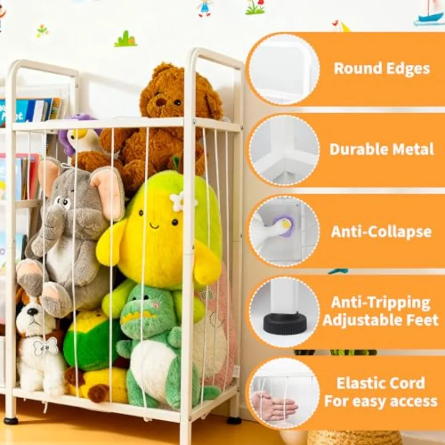 Large White 3Tier Bookshelf with Sling Shelves and Fabric Toy Chest for Playrooms Bedrooms and Nurseries Versatile Stuffed Anim