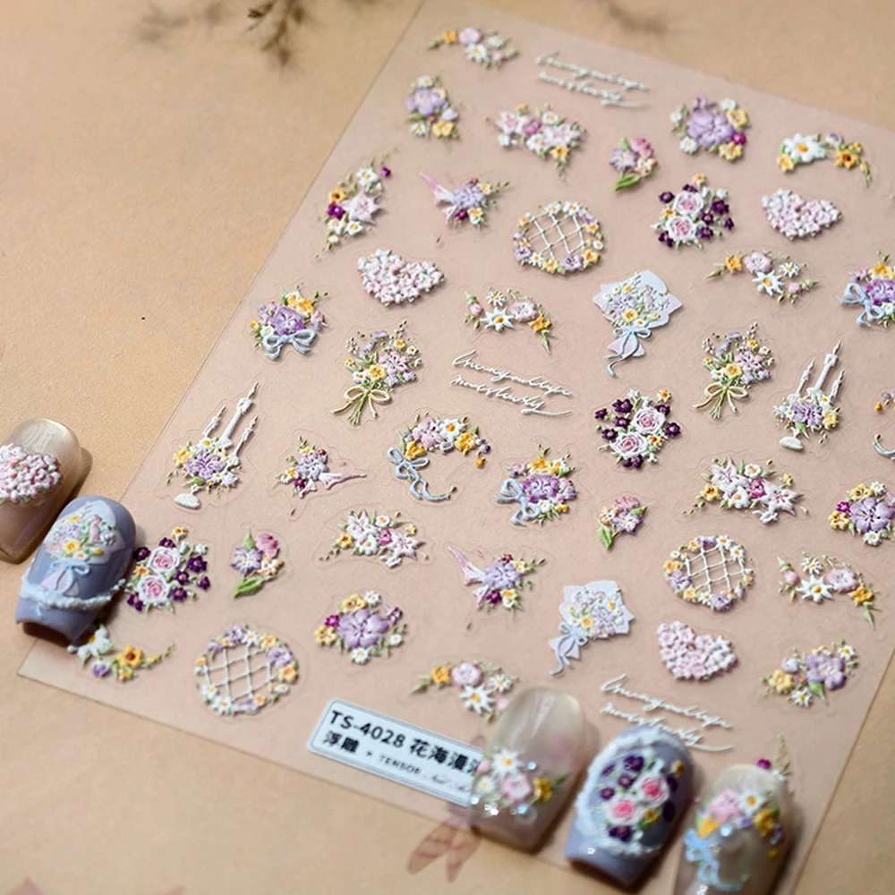 

Весенний цветок, красочный букет, 5D наклейки для дизайна ногтей, подсвечник, бант, роза, сушеный цветок, цветок персика, лилия, самоклеящаяся наклейка