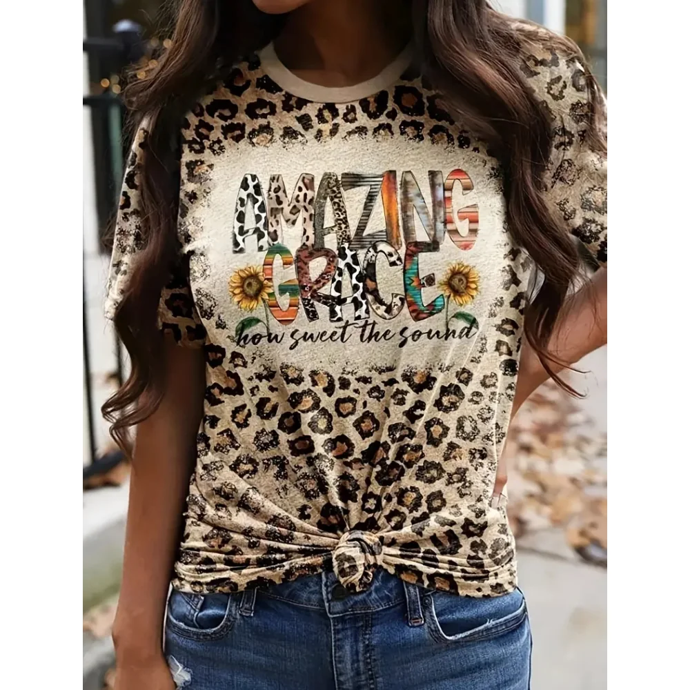 2024 nowy styl t-shirt dla kobiet wzór w cętki nadruk w kształcie serca kobiet T-shirt w za dużym rozmiarze letnia odzież damska z krótkim rękawem