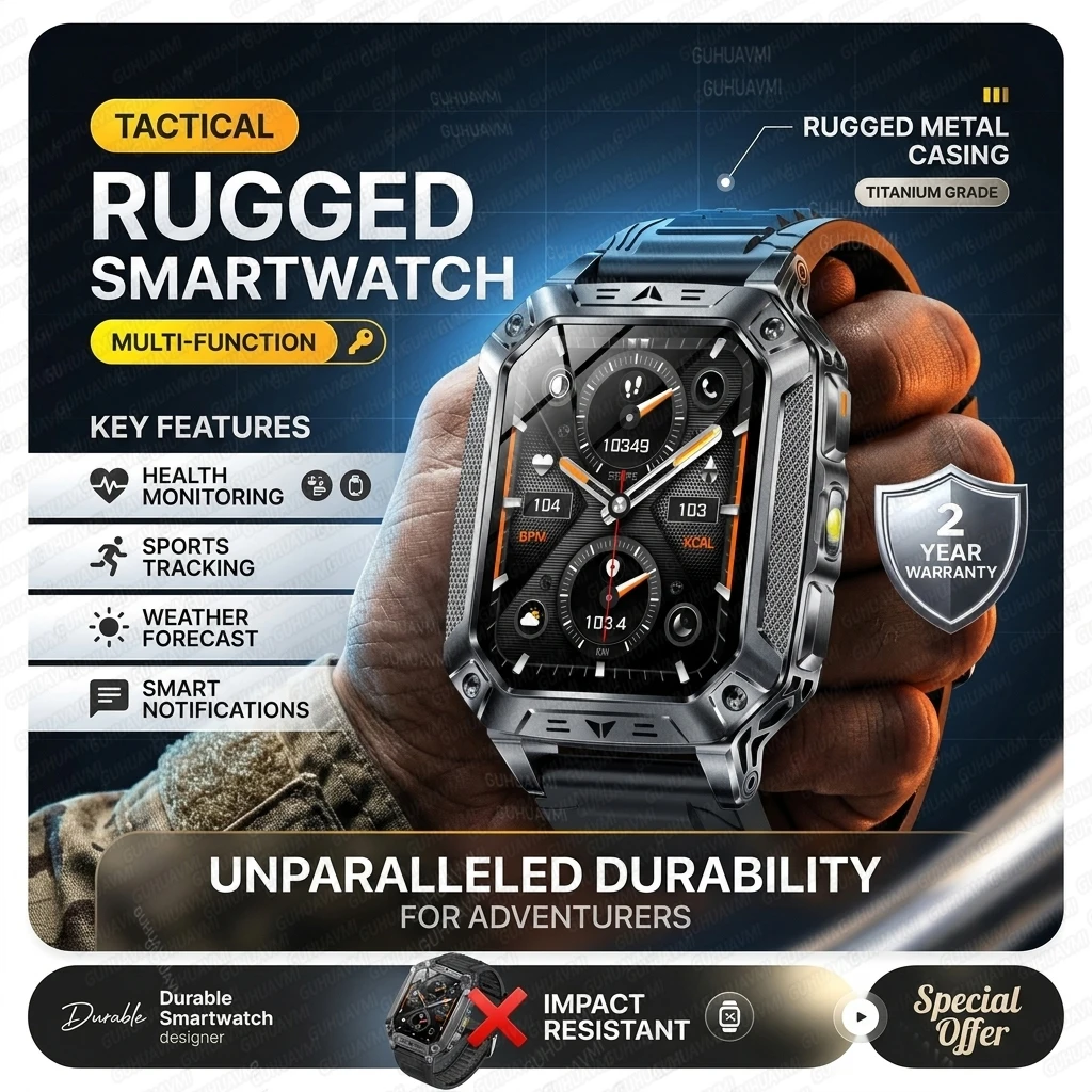 Nouvelle Montre Connectée 2026 Durable avec Batterie 1400 mAh, Étanche IP68, Suivi d'Activité, Lampe Torche Bicolore, Fréquence Cardiaque, Appel Bluetooth, pour Sports de Plein Air