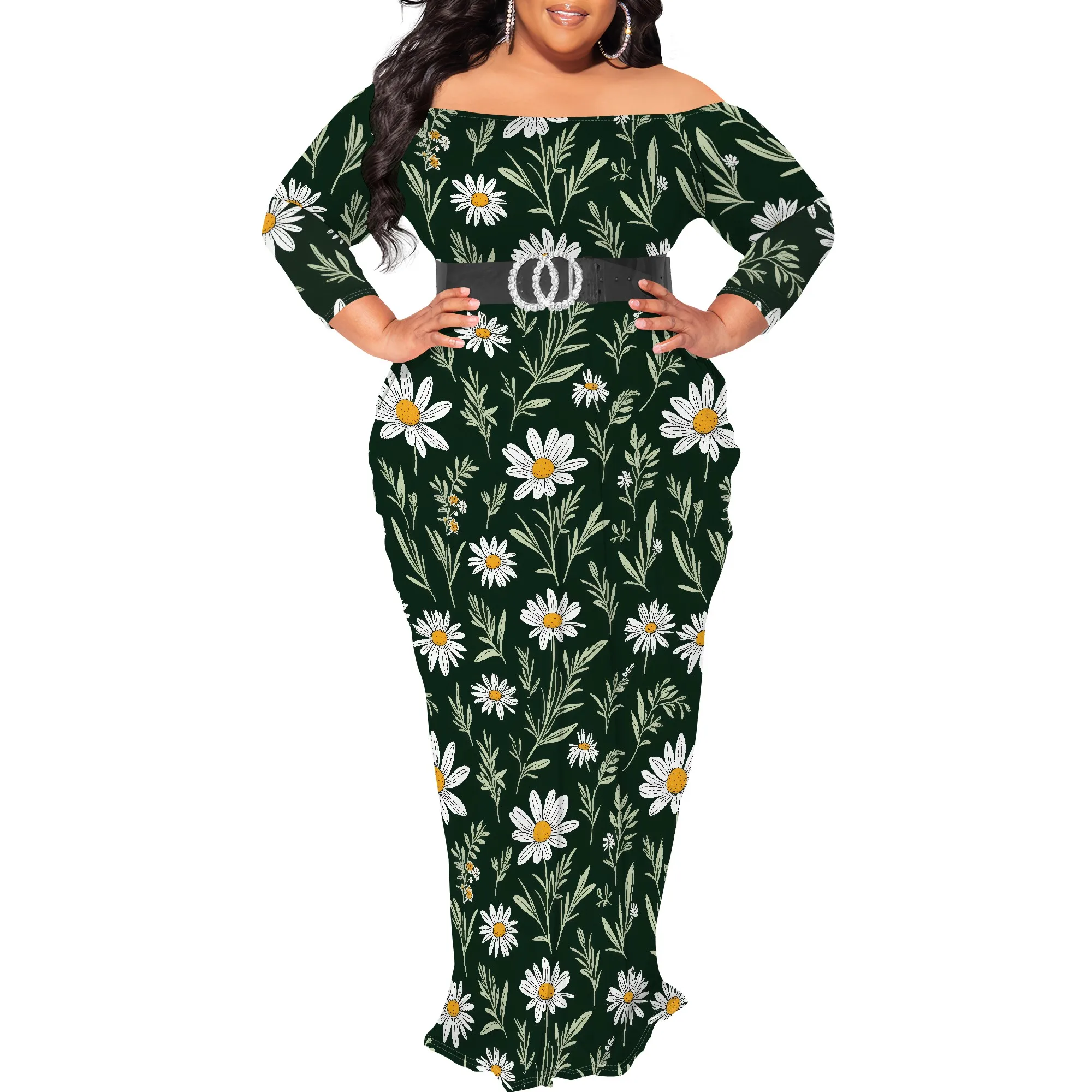 

Plus Size Autumn Dresses for Curvy Floral Print Women Casual Long Sleeve Floor Length Sundress Sexy Bodycon Wrap Maxi Dress