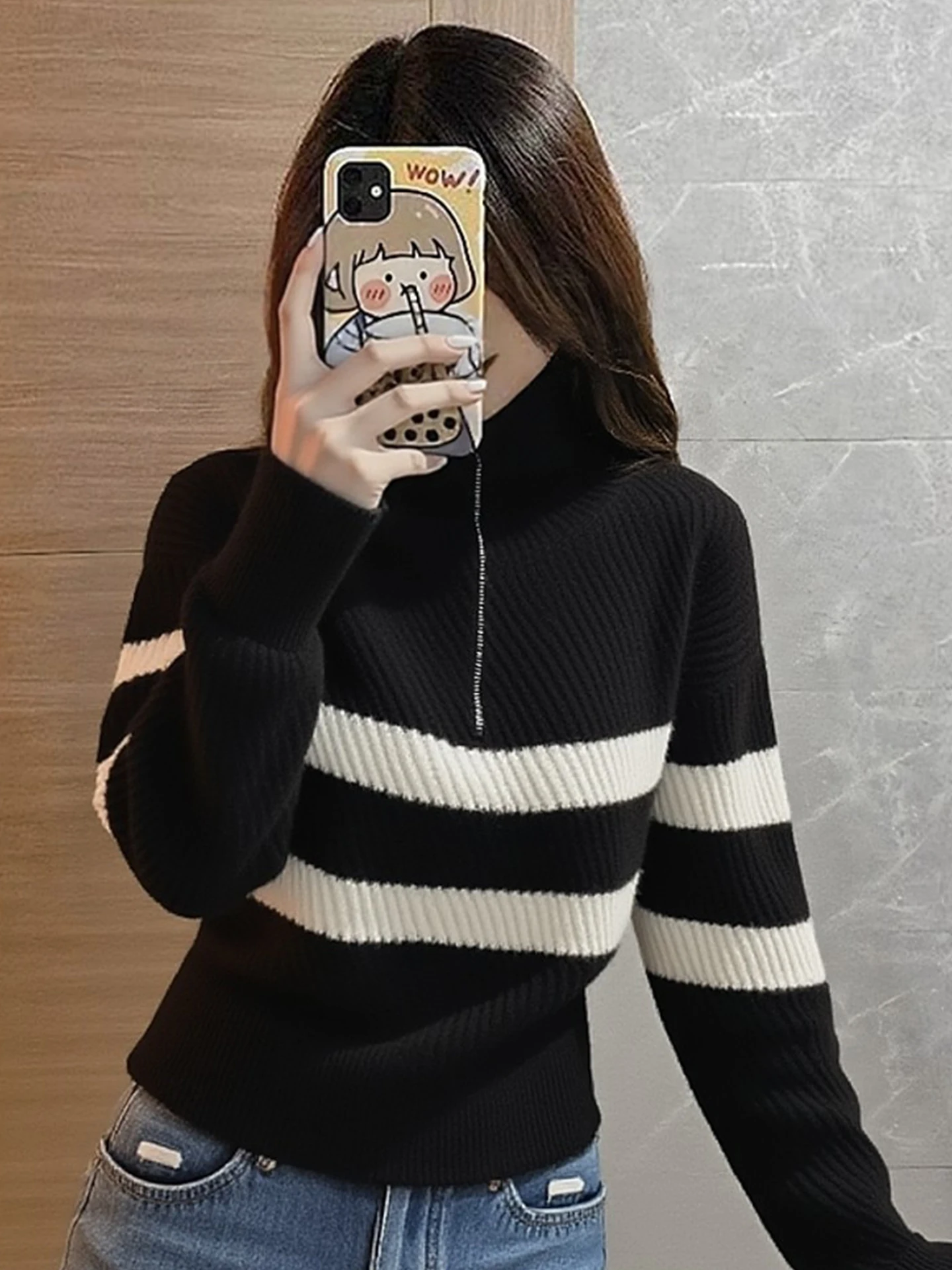 

Ele Color Blo Long Sve Knitted Sweater Zipper Design Versatile Spring Top for Women Korean Sle Straight Cut Commute