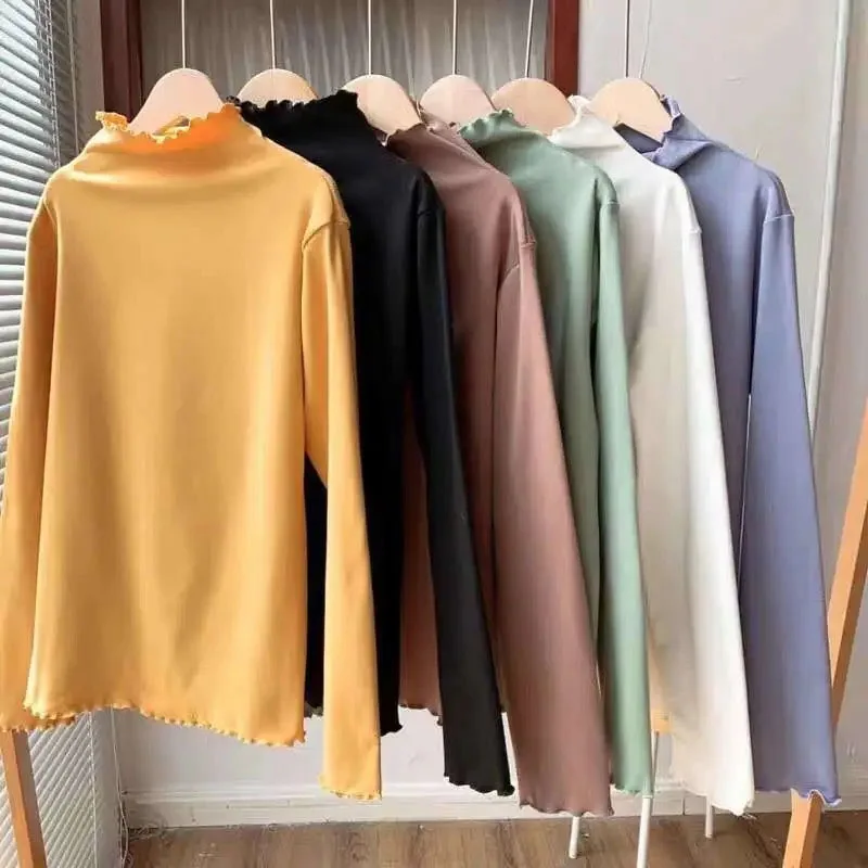 Women Ruffles Bottoming Shirts Autumn Winter Half-high Collar Long Sleeve T Shirt Female Solid Simple Soft Basic Pullover Tops