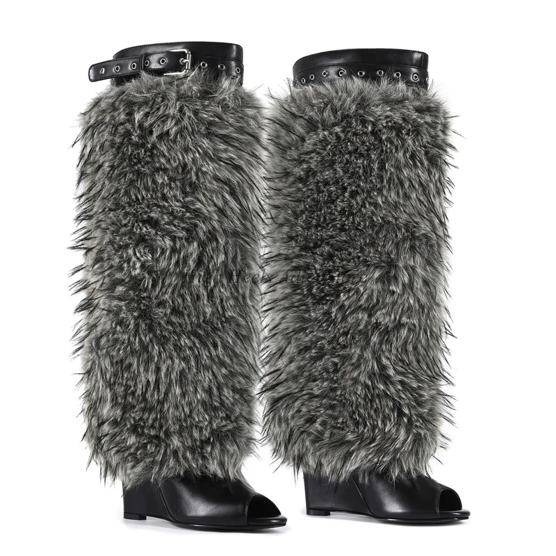 الفراء الأسود اللمحة تو أسافين كعب الجلود حذاء برقبة للركبة المرأة مثير كبيرة الحجم لينة أحذية طويلة الفاخرة مصمم 2025 جديد في الأحذية #4