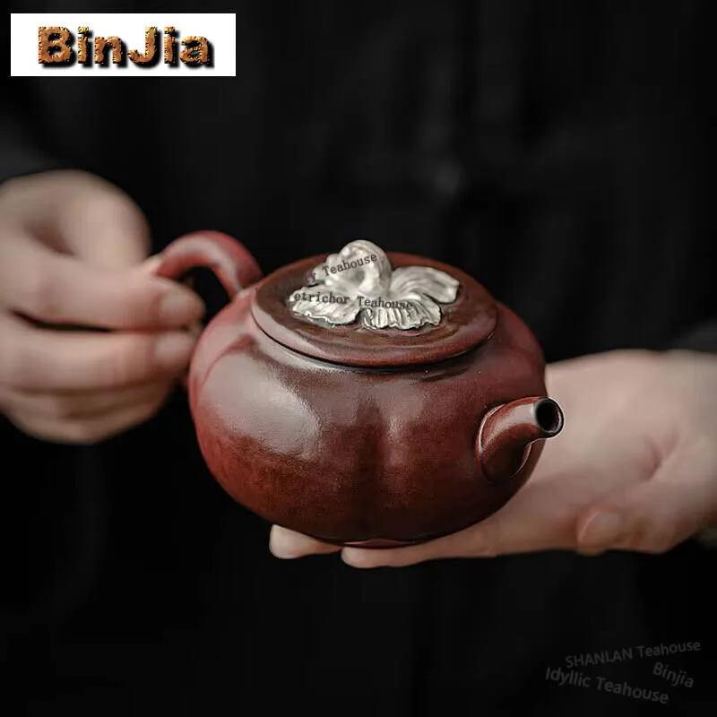 

170ml Zhiye Braised Persimmon Red Ruyi Pot, Chinese Ceramic Brewery Tea Small Teapot Tea Making Kettle Pot Base Kung Fu Teaset