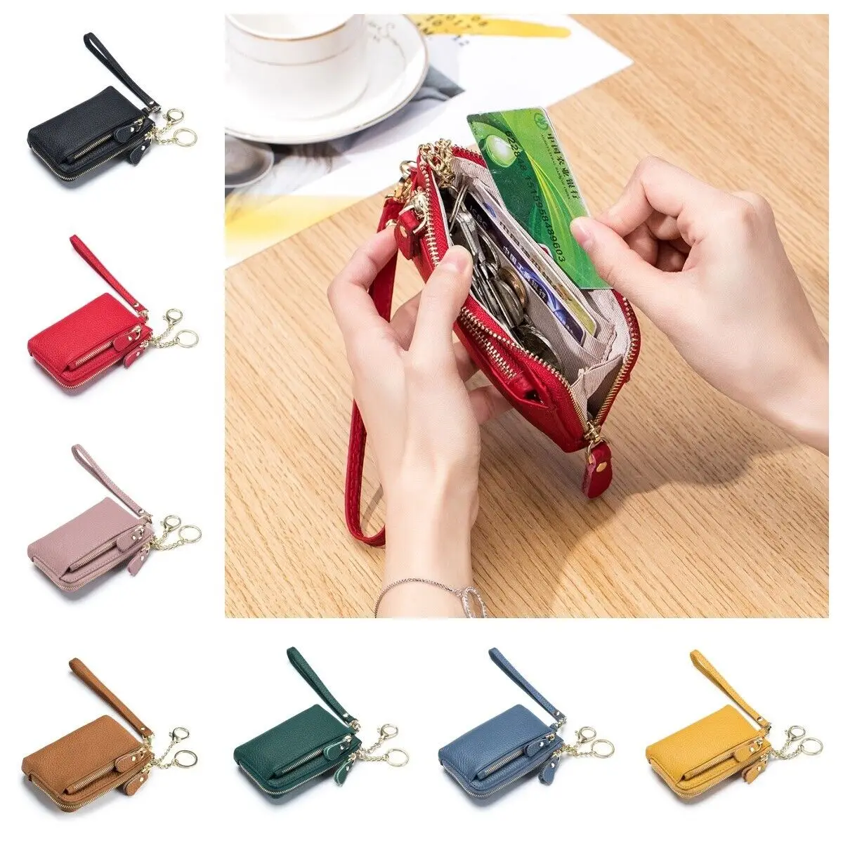 

Women's Genuine Leather Coin Purse Zipper Pocket Mini RFID Blocking Wallet with cash Card Slots Zipper with Wristlet Keychain