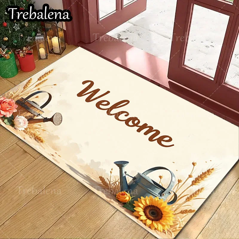 

1pc Welcome Door Mat Welcome Mat with Sunflower and Pitcher Farmhouse Style Decorative Doormat