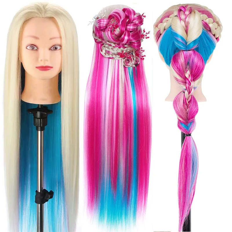 Colourful Synthetic Hair Mannequin Head With Free Clamp Stand And Tools 65cm Hair Styling Training Manikin Cosmetology Doll Head