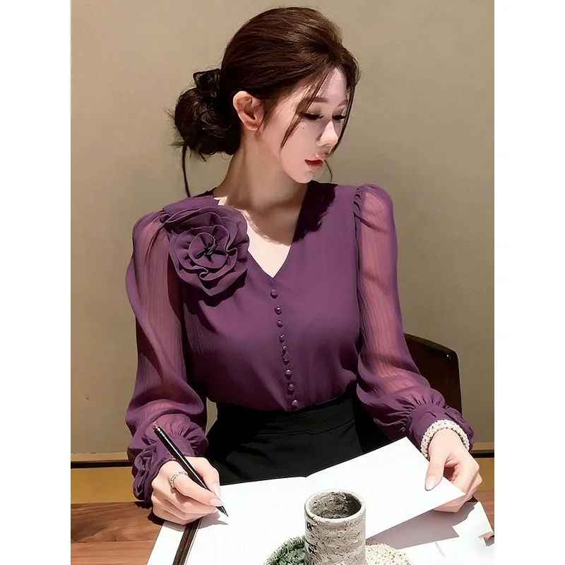 

A Unique and Exquisite Purple Chiffon Shirt with Touch High-end Sophistication for Important Occasions Early Spring French Style