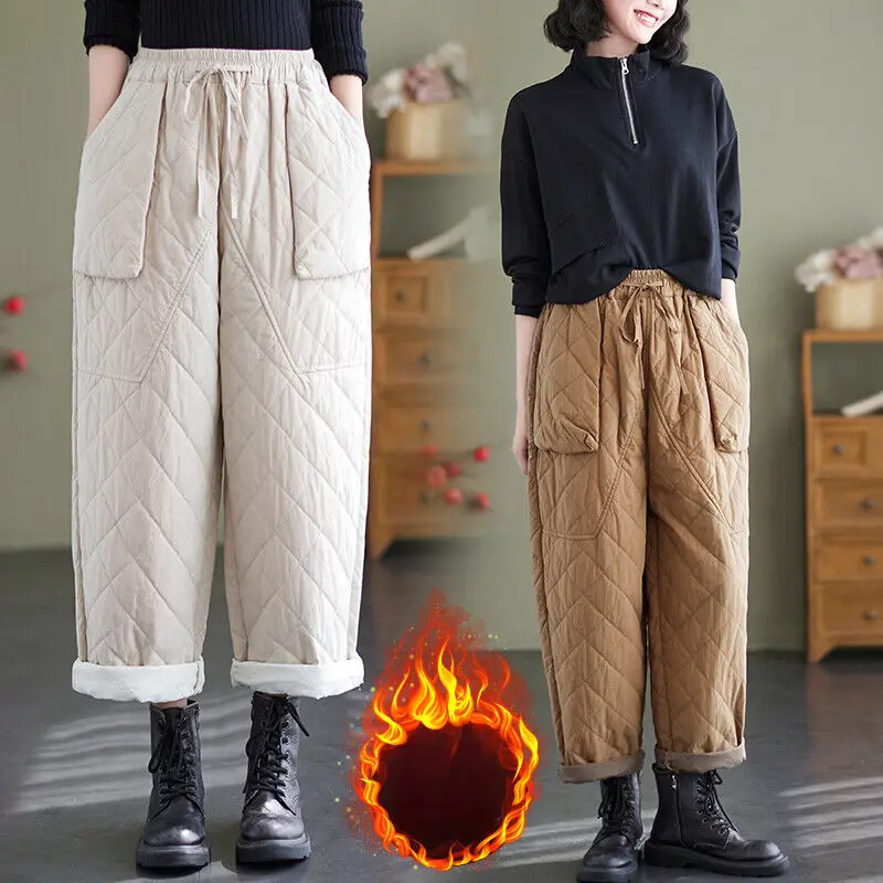 Women Winter Warm Down Cotton Pants Thick Warm Padded Quilted Trousers Elastic Waist Pantalones Casual Loose Straight Trousers
