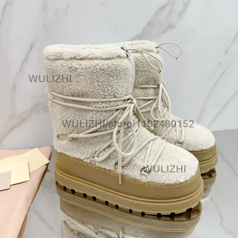 White Wrinkled Leather Fine Grain Boots Calf Women Platform Thick Sole Gray Lace Up Snow Boots Girls Winter Round Toe Plush Shoe