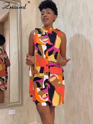 Znaiml Casual Print Beach Shirt Dress Women’s Short Sleeve Stand Collar Bandage Office Lady Loose Vacation Party Sundress Robe
