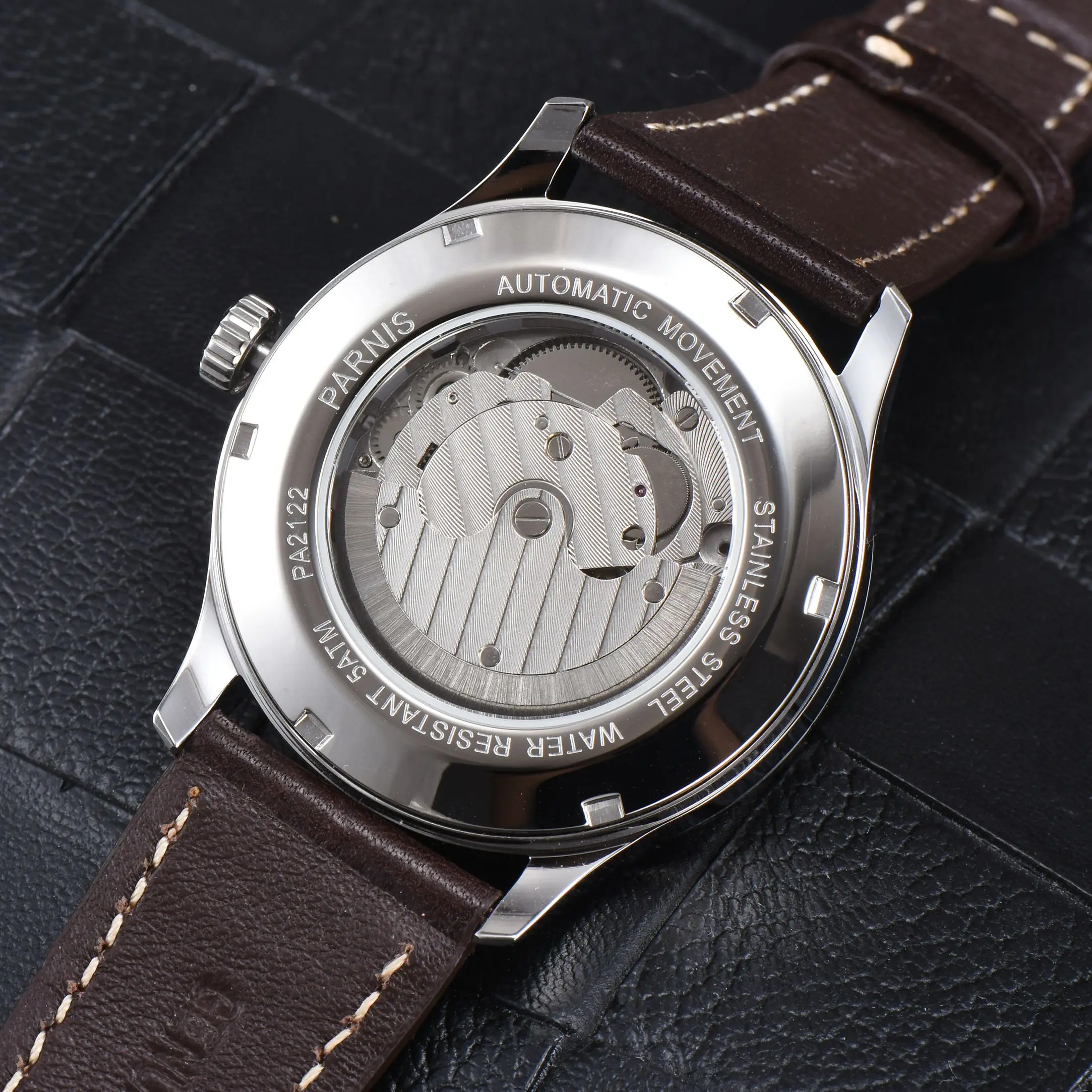 New Parnis 41.5mm Men Mechanical Wristwatches Brown Leather Strap Calendar Sports Automatic Luxury Watch Waterproof reloj hombre