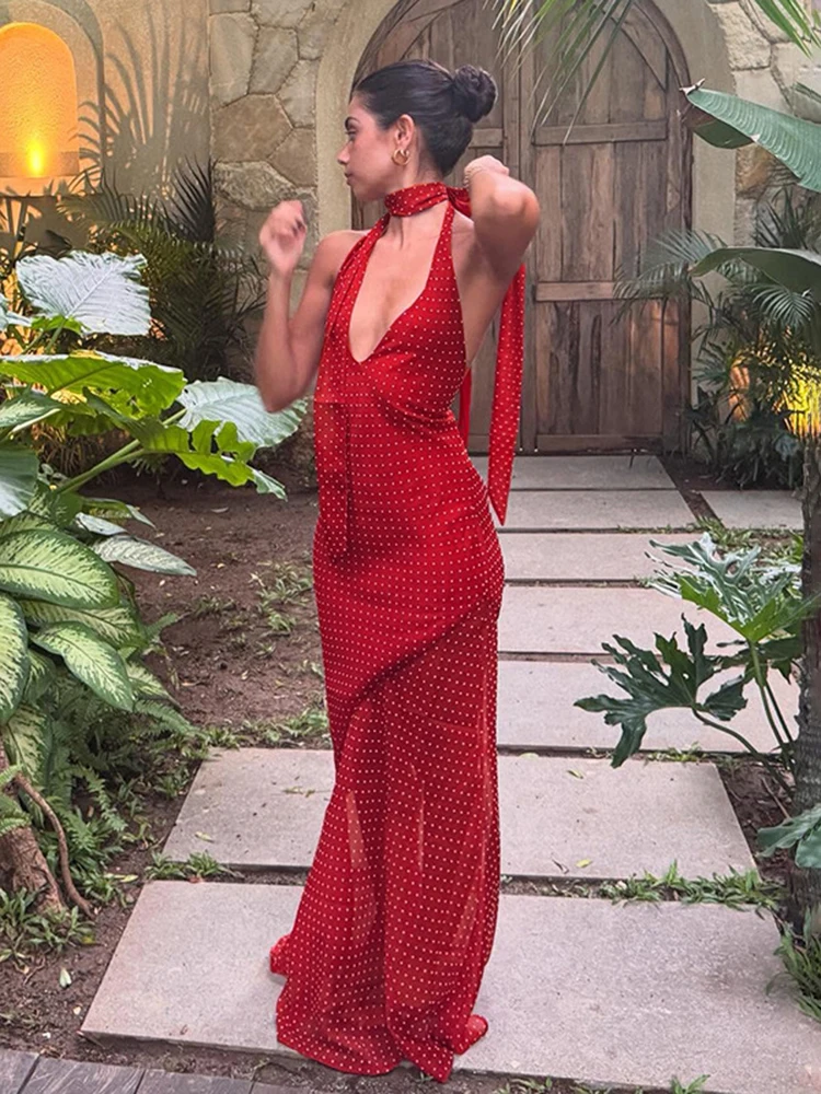 

TARUXY Sexy Deep V Halter Polka Dot Dress For Women Backless Ribbon Long Dress Slim Female Summer 2025 New Vacation Maxi Dress