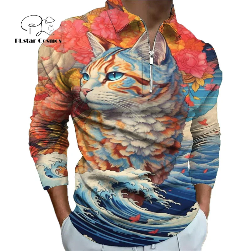 Halloween Draak Schedel Wolf Tijger Tattoo Kleurrijke Retro 3Dprint Winter Herfst Harajuku Casual Rits Poloshirts Lange Mouwen A1