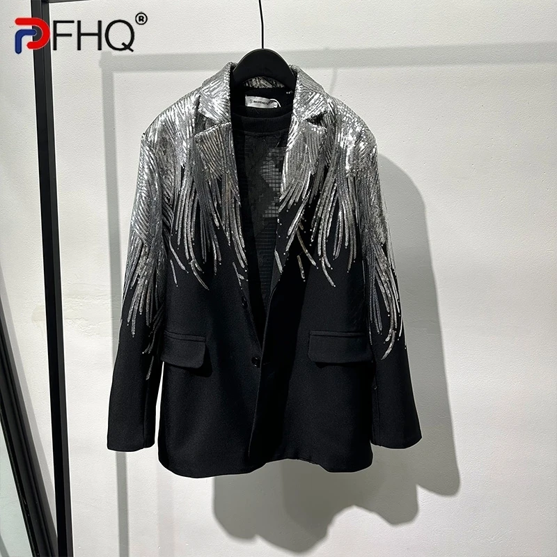 PFHQ Sequins Causal Blazers For Men\'s Single Breasted Light Luxury Loose Creativity Personality Versatile Coat Autumn 21F3890