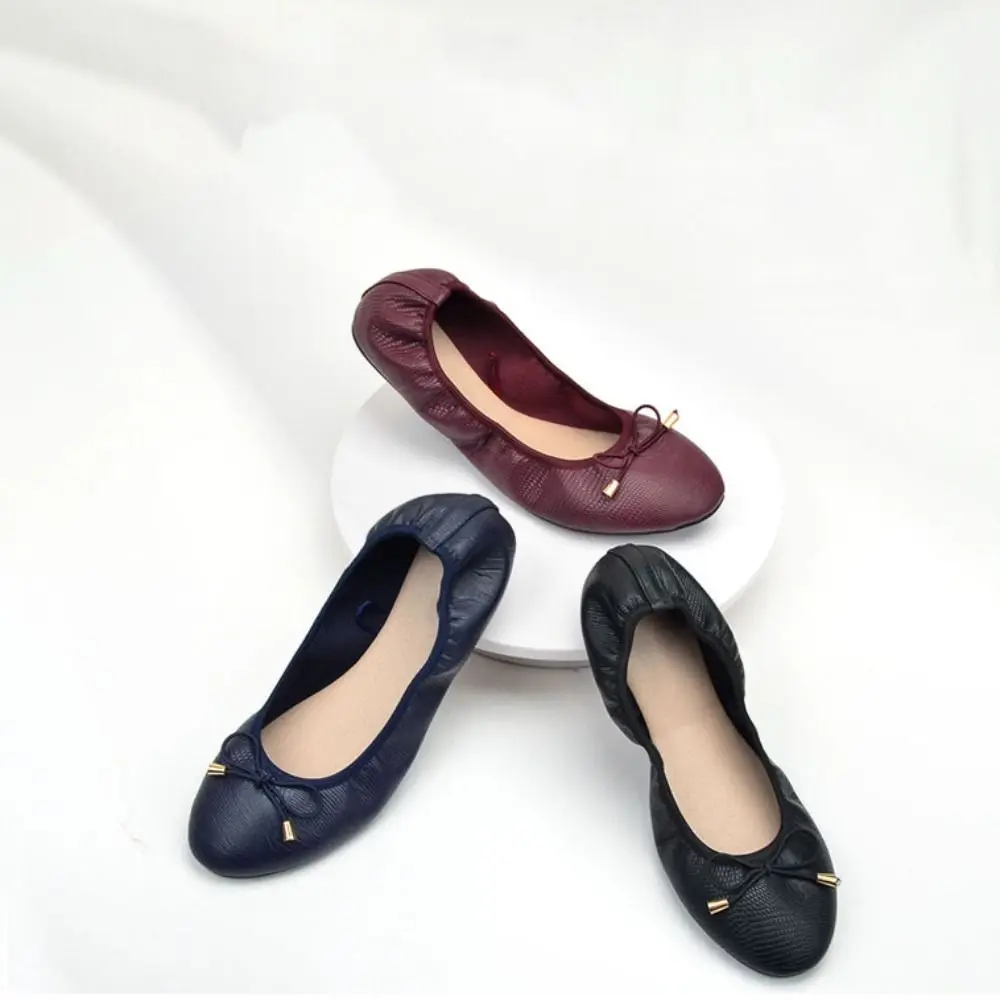 Solid Color Shallow Mouth PU Ballet Shoes Thread Bowknot Soft Sole Flat Shoes Foldable Lightweight Ballet Flats Women Yoga