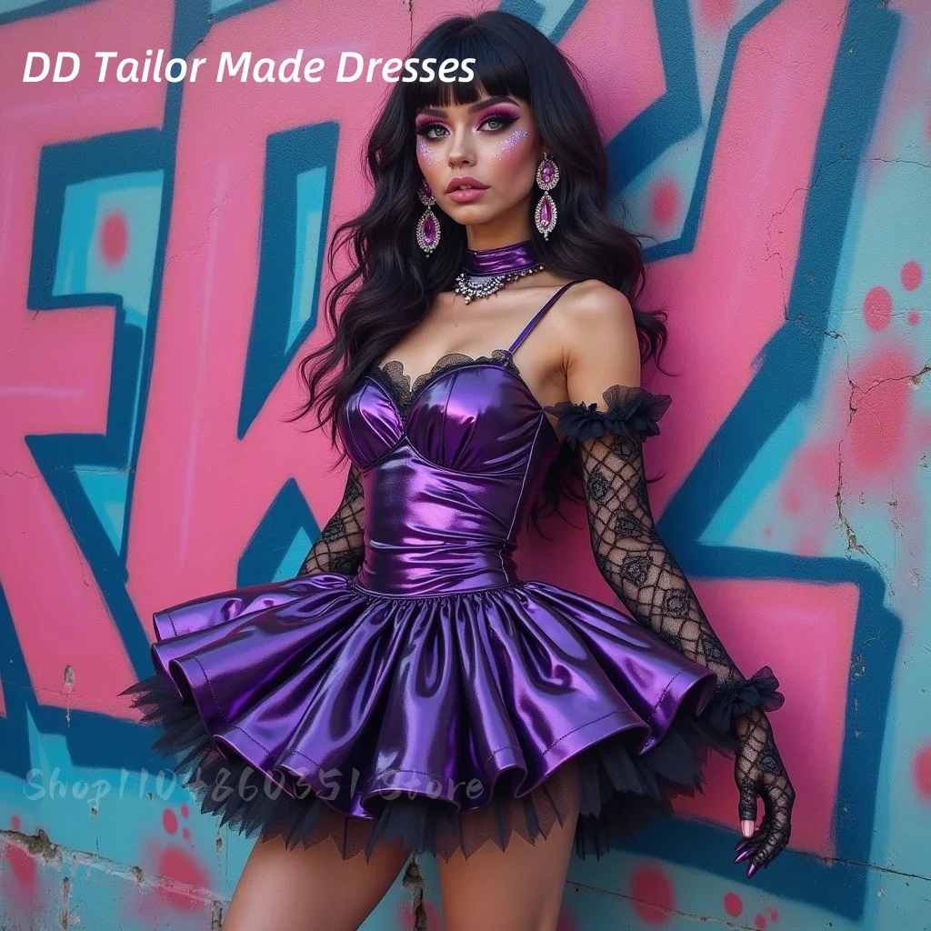 

Блестящее короткое фиолетовое платье для выпускного вечера на бретельках трапециевидной формы со складками платье для выпускного вечера индивидуальные платья для дня рождения для особых случаев