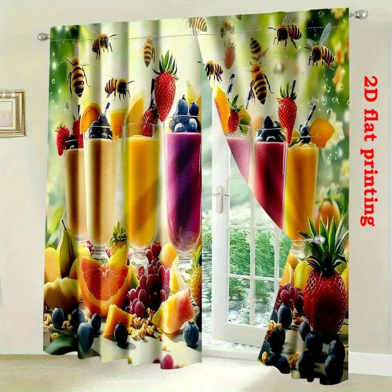 Fruit Juice Curtain, Fresh Smoothie Bee Print Drape, Colorful Food Pattern Window Treatment for Kitchen Dining Room Home Decor