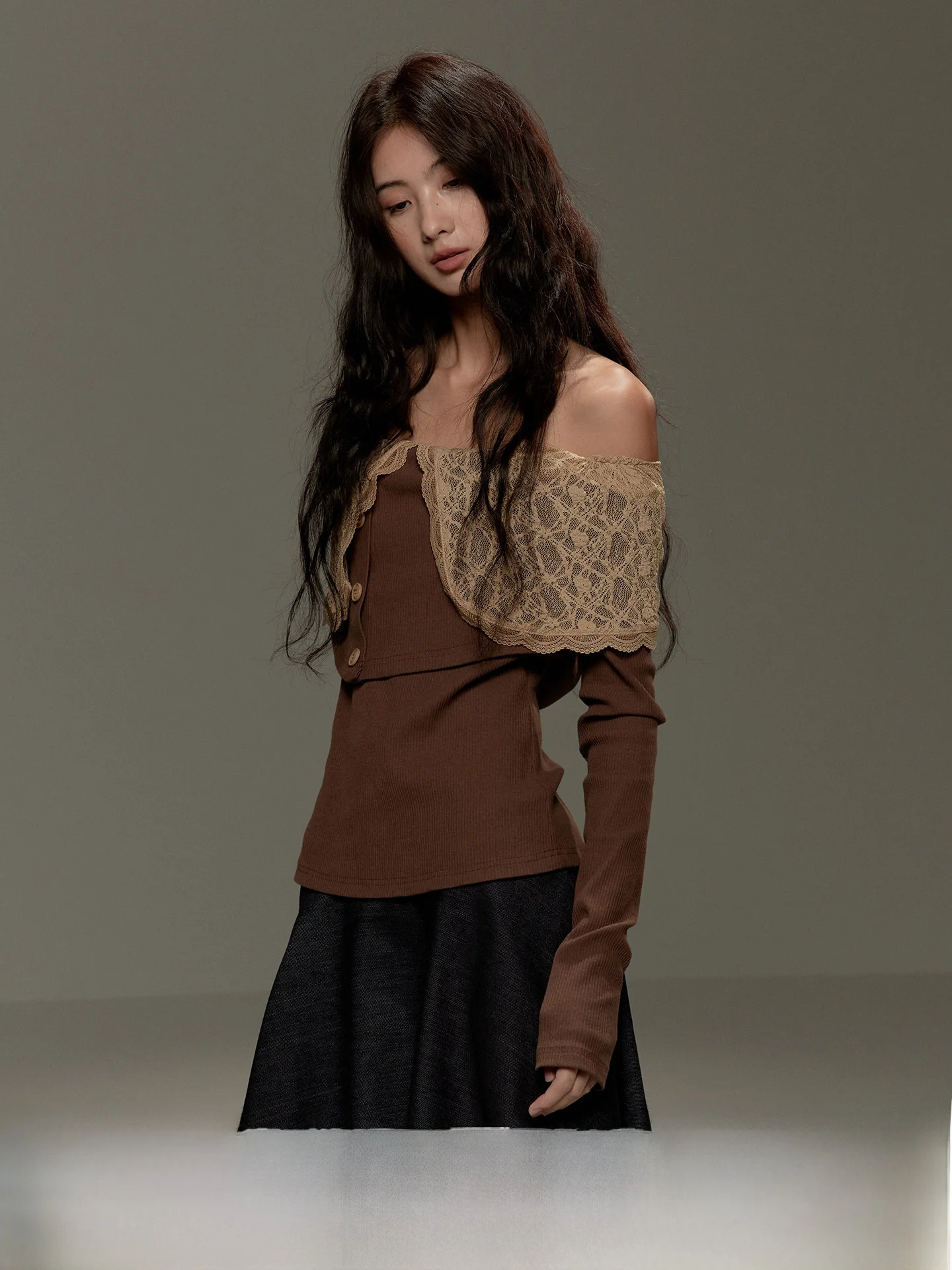 

Lvetong Original Design Lace Splicing Coffee Color One oulder Waist Cinched Knitted Long Sve Women's Top Street Sle Co...