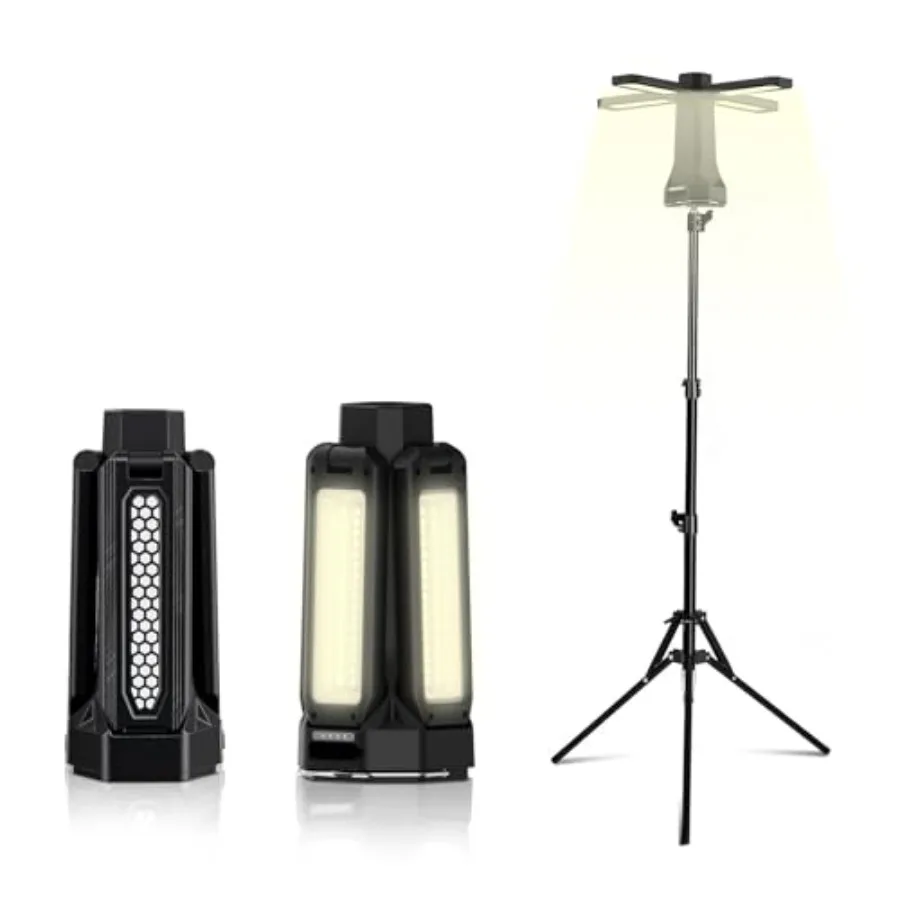

Camping lantern with 16000mAh power bank, telescopic aluminum body, black finish, 300 rotatable dimmable LED light, magnetic ba