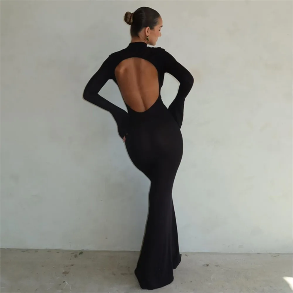 

Solid Color Maxi Dress Dresses For Ladies Vestidos Largos Woman Temperament Elegant Simple Style Long Sleeves Slim Package Hip