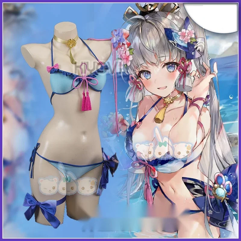 

Anime Game Genshin Impact Cosplay Original Doujin Kamisato Ayaka Bikini Swimwear Kawaii Bra Panties Accessories Headwear Suit