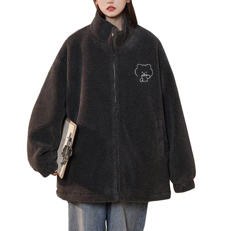 

Y2k Winter Blue Zipper Loose Coat Lamb Wool Keep Warm Women Sweatshirt Embroidery Cute Milk Tea Bear Fashion Lady Black Pullover