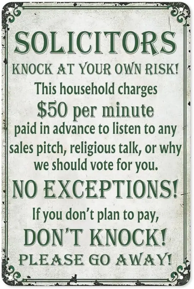 Funny No Soliciting Sign for House, Door Yard Business Go Away Sign, Solicitors Knock at Your Own Risk Signs Don’t Knock Metal T