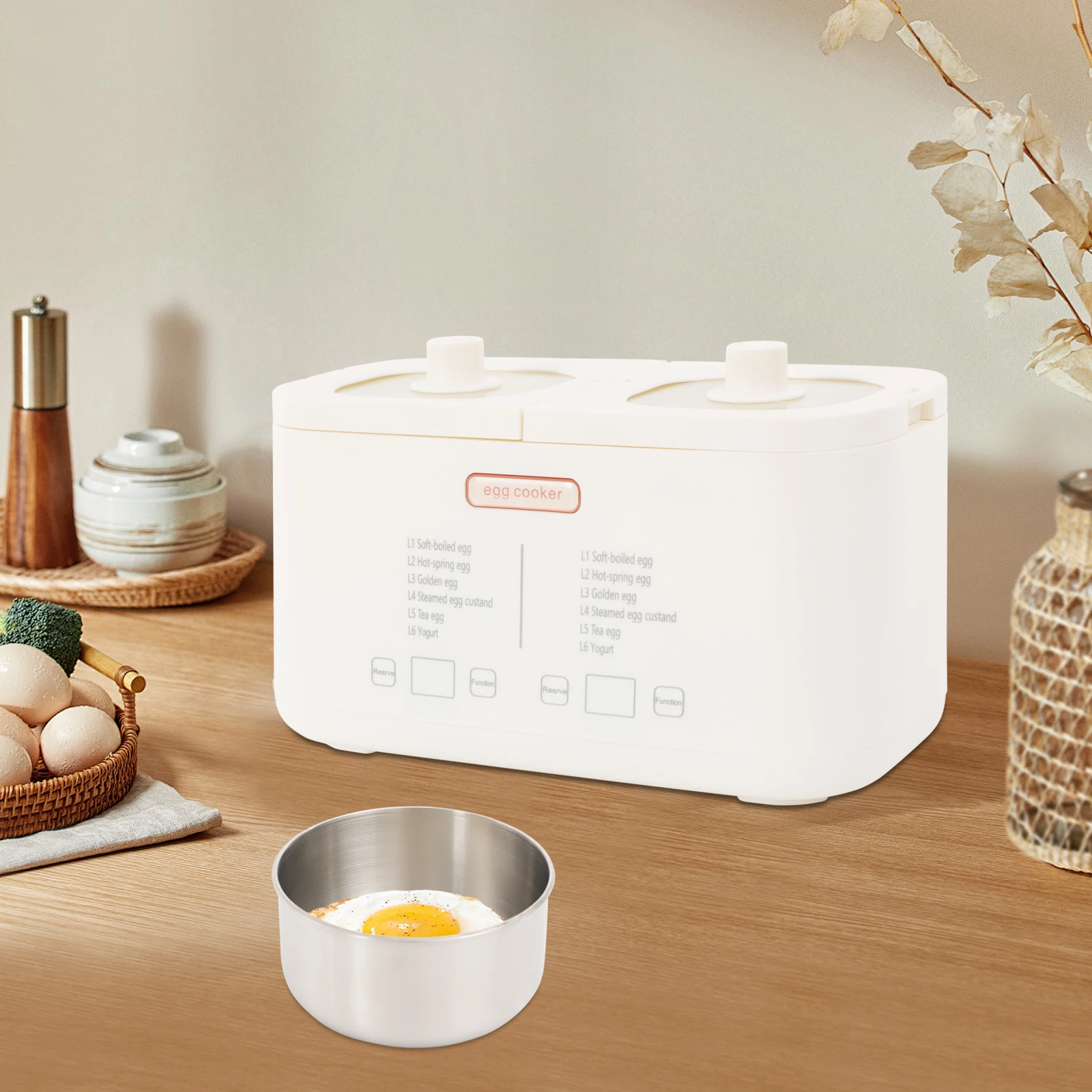 

Double-Pot 8 Eggs Cooker,24-Hour Reservation,Auto Shut Off,6 Modes,Soft-Boiled Hot-Spring Golden Steamed Tea Egg, Yogurt