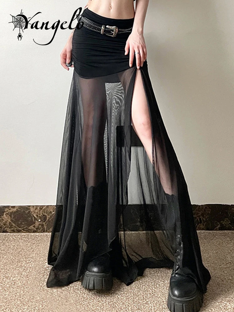 

Yangelo Gothic Street Style Pure Color Slim Fit High Waist Net Yarn Split Skirts 2024 Summer Women's Fashionable Skirt