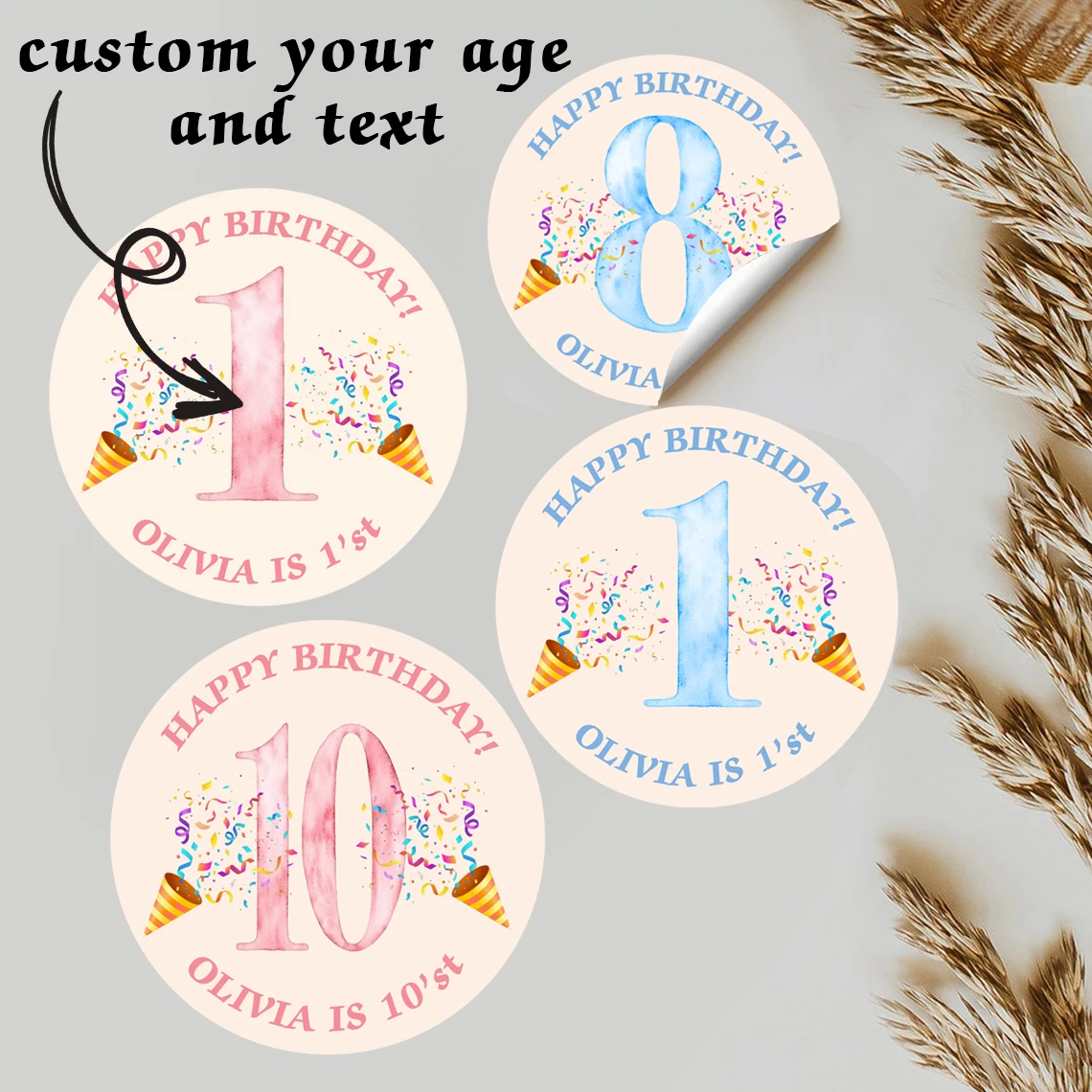 

90pcs customized personalized name and birthday stickers (suitable for baptisms, parties, and gift wrapping)