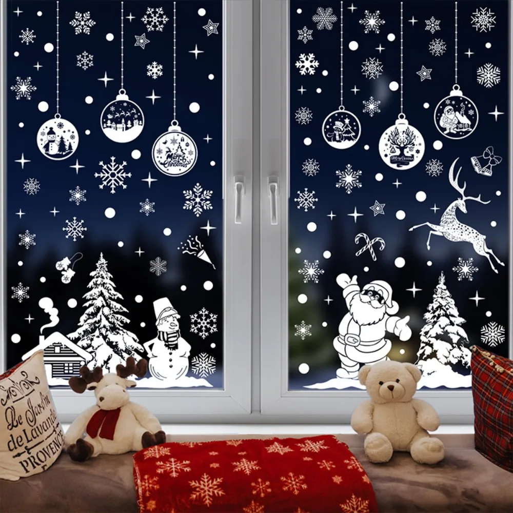 2026 Weihnachten weiße Fensteraufkleber, Weihnachtsmann Rentier Einkaufszentrum Fensterglas statische Aufkleber für Weihnachtsdekoration