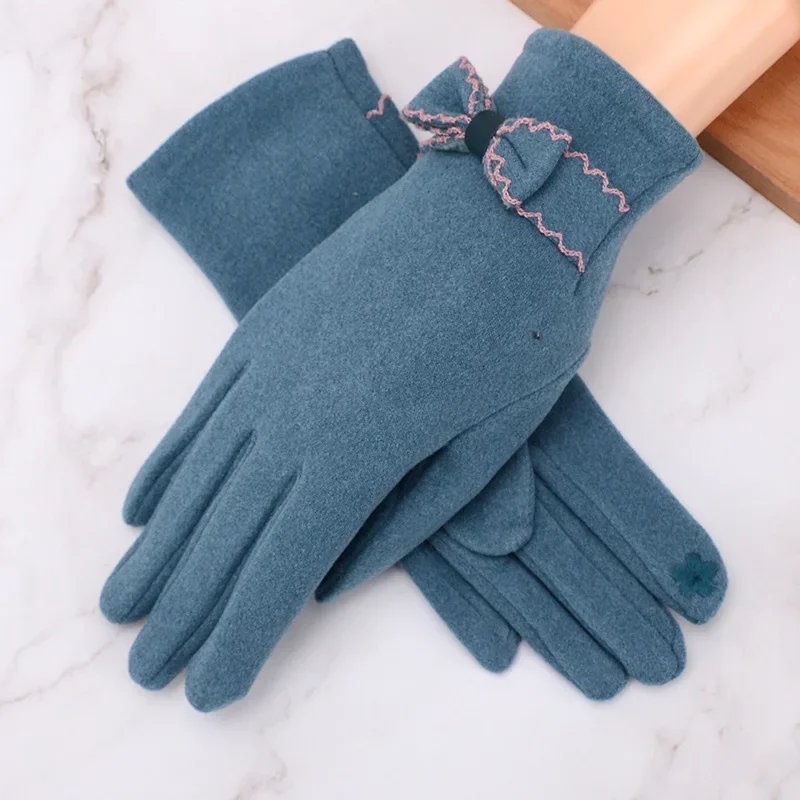 Стильные женские теплые сенсорные экраны плюс бархатные внутренние утолщенные ветрозащитные велосипедные милые элегантные эластичные мягкие перчатки с бантом