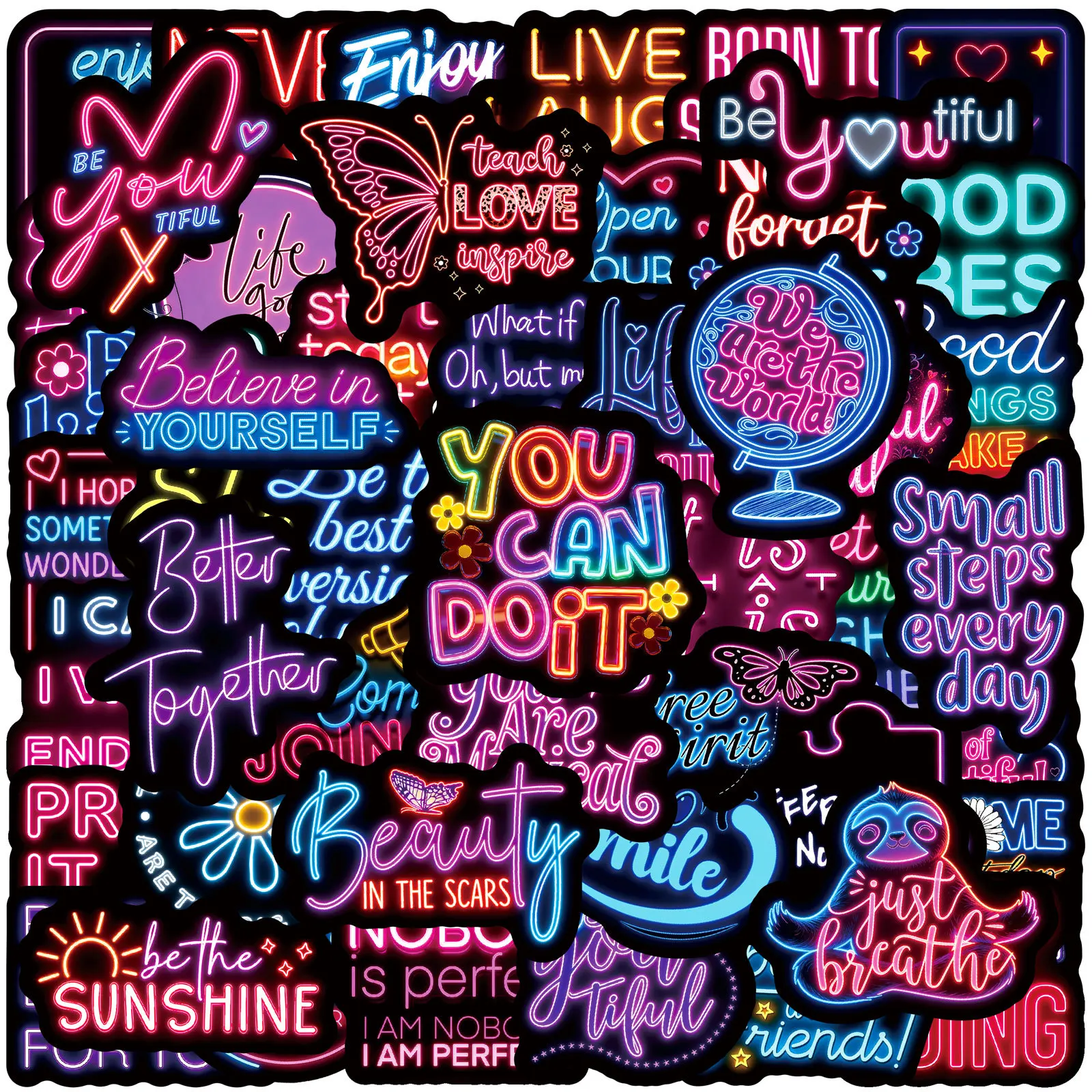 

50 шт. неоновых вдохновляющих наклеек с эстетичными мотивационными цитатами и мультяшными рисунками для ноутбука, холодильника, дневника, подарка