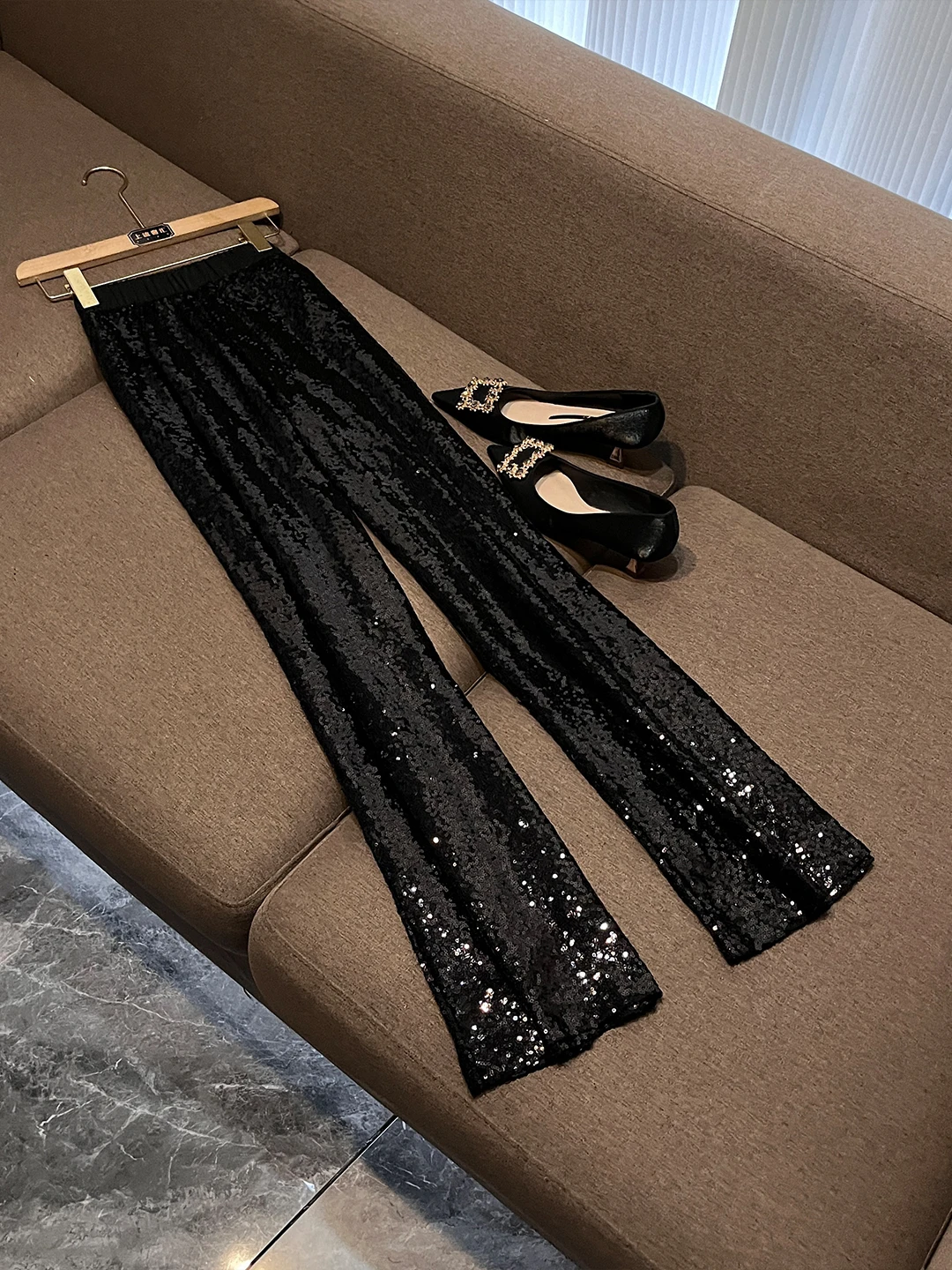 Fashionable Sequin Bell Bottom Slimming Long Pants High Waist Set Sequin Outfit Suit OK437 Women's Casual Pants Gradient Pattern