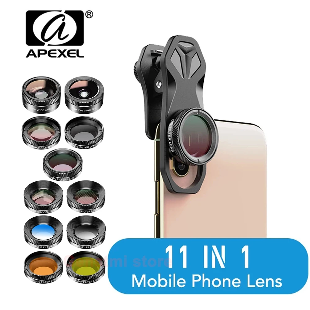 Apexel Professional Smartphone Camera Lens Kit with Macro Wide Angle Fisheye Lens CPL ND32 Star Filter Universal Photography Len