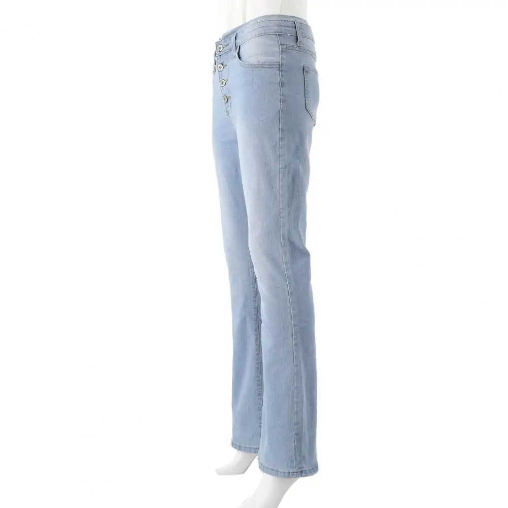 Jeans feminino slim fit gradiente de cor, calça com fundo de sino, cintura alta, bainha queimada, comprimento total