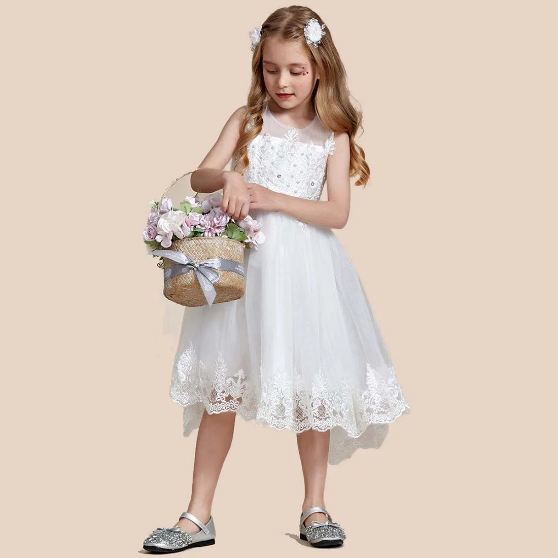 YZYmanualroom-vestido elegante de encaje para niña, vestido de flores de línea a alta y baja, sin mangas, 2-15T