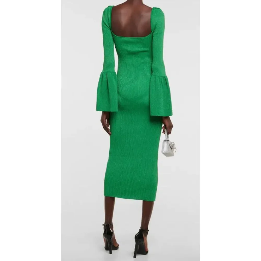 CB Diamond Beaded Wool Knitted Elegant Skirt Vertical Stripe Stacked Sleeves Cocoa Season Green Dress Design Sense For Domestic