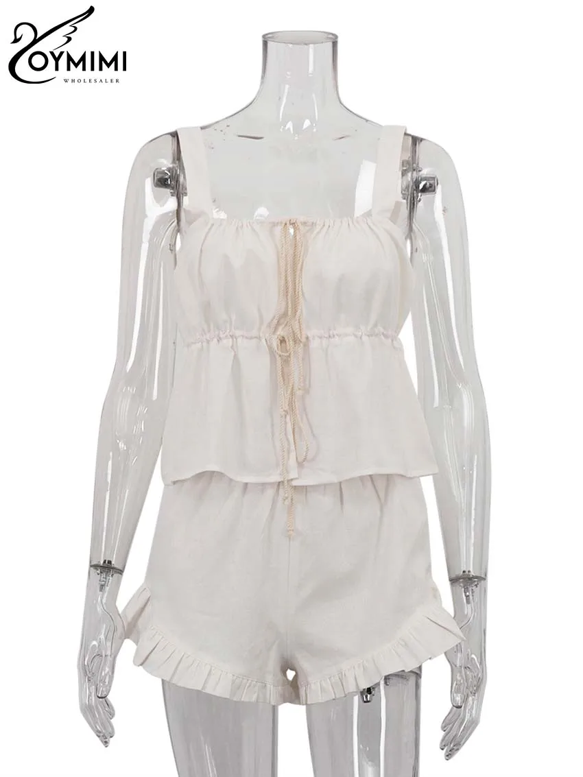 Oymimi Summer White Cotton Hemp 2 Piece Sets Women Outfit Elegant Slip Sleeveless Lace-Up Tops And High Waist Ruffled Shorts Set